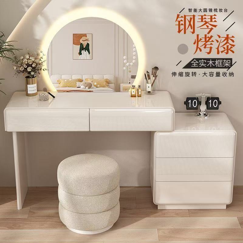 White 76.22cm table, cabinet, mirror, stool