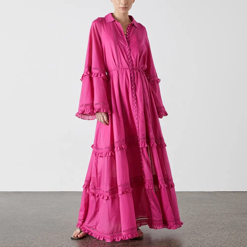 Printemps été femmes vêtements de haute qualité lâche grande taille maxi robe coton simple boutonnage à manches longues décontracté lin maxi robe