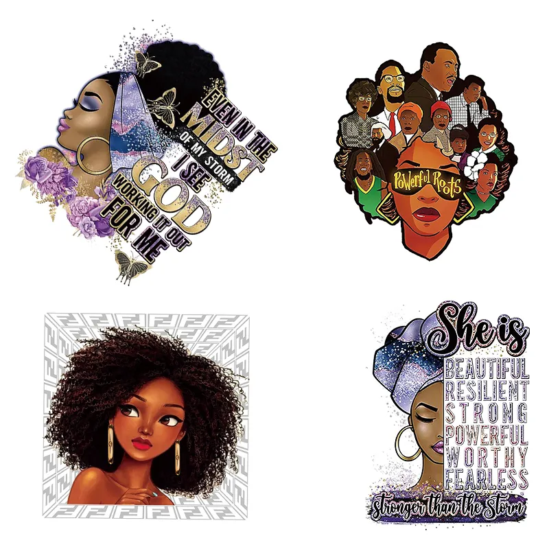 Pegatinas a la moda Afro Girl, transferencia de calor, imágenes a color, personalizadas, diseños de transferencia de calor listos para presionar