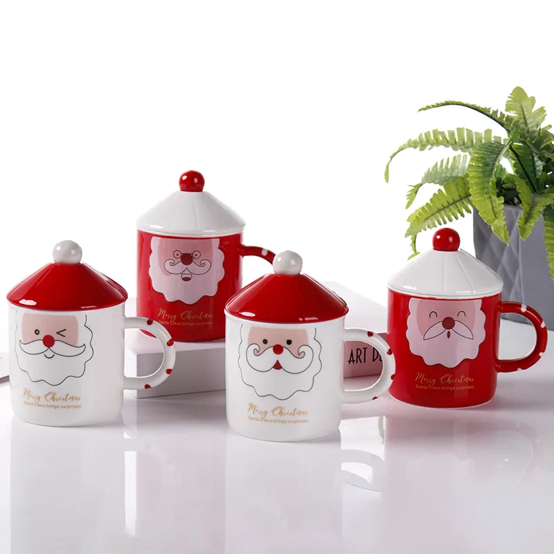 Taza de cerámica navideña con logotipo personalizado, diseño de Papá Noel con tapa de cerámica, cuchara de acero inoxidable, taza de café