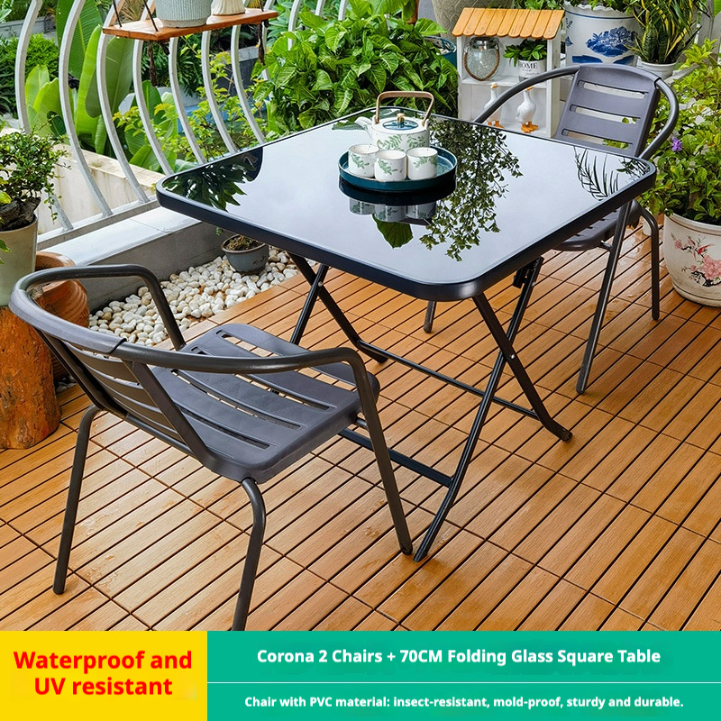 Corona 2 chaises + table ronde pliante en verre 70cm