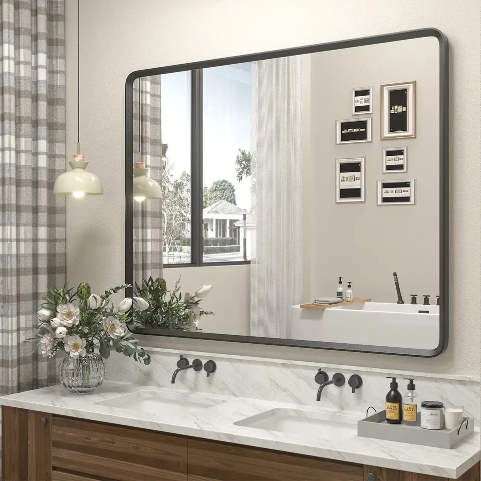 Fabbricazione specchio da bagno moderno completo da parete in lega di alluminio con rivestimento nero grande quadrato personalizzato dell'hotel