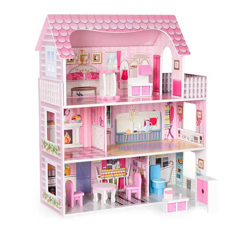 Casa de boneca de madeira com móveis, fingir jogar boneca casa brinquedos para crianças, presente para 3 4 5 6 anos de idade meninas