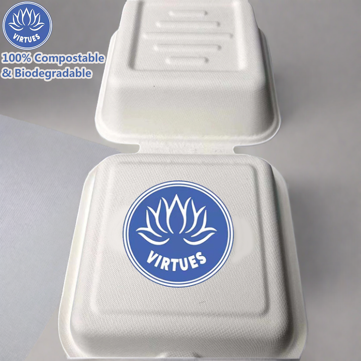 VIRTUES Customize Eco-friendly Pulp Clamshell Lunch Dinner Box Tableware Compostable Takeaway Disposable Bagasse Food Container
