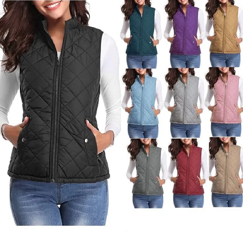 RTS Moda Impressão Sólida Clássica Mulheres Inverno Manter Quente Zipper Down Vest com Casaco de Bolso Casaco Colete