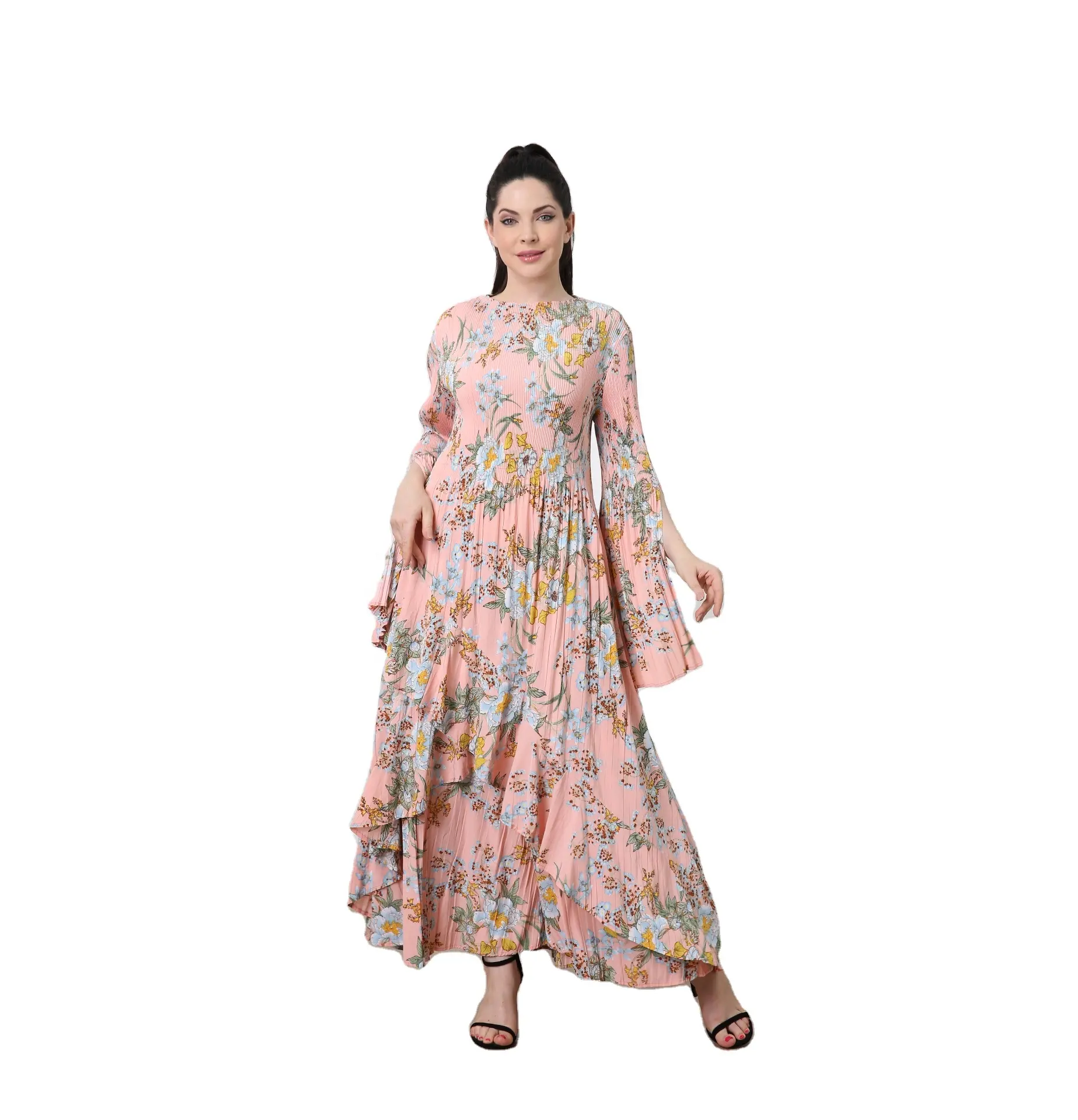 Miyake gaun bunga Boho lengan panjang Bohemian wanita untuk wanita, jubah kasual De Soir, merah muda, mewah, Gereja sederhana Feminino