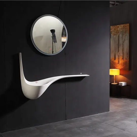 Lavabo de baño de superficie sólida, piedra artificial colgante de pared, lavamanos a mano, arte innovador