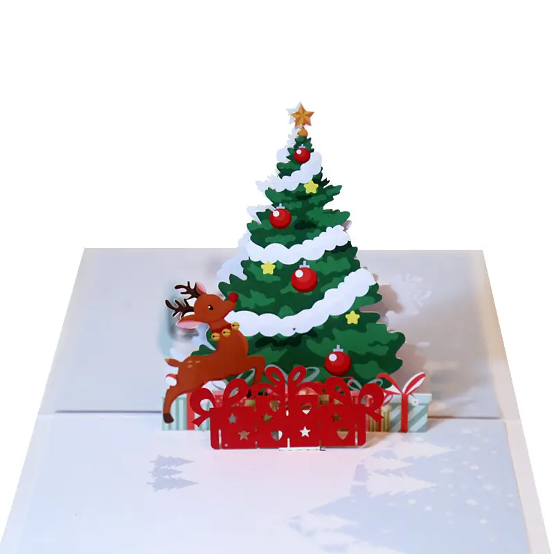 Cartolina d'auguri di natale 3D di stampa a colori della carta pop-up fawn dell'albero di natale della carta di benedizione del ringraziamento all'ingrosso