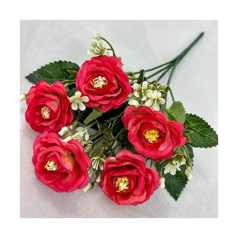 ช่อดอกไม้ประดิษฐ์ดอก Penoies 5หัวขนาดเล็กช่อดอกไม้ผ้าไหมดอกไม้พลาสติกใบไม้ตกแต่งบ้าน
