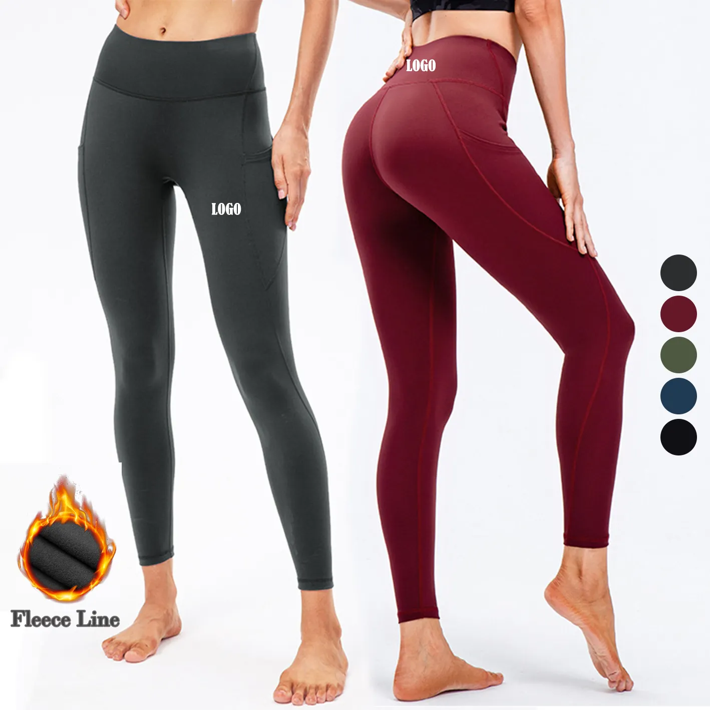 Custom Logo Sportkleding Panty Gym Fitness Workout Yoga Broek Zijzakken Ontwerp Fleece Lijn Leggings Vrouwen