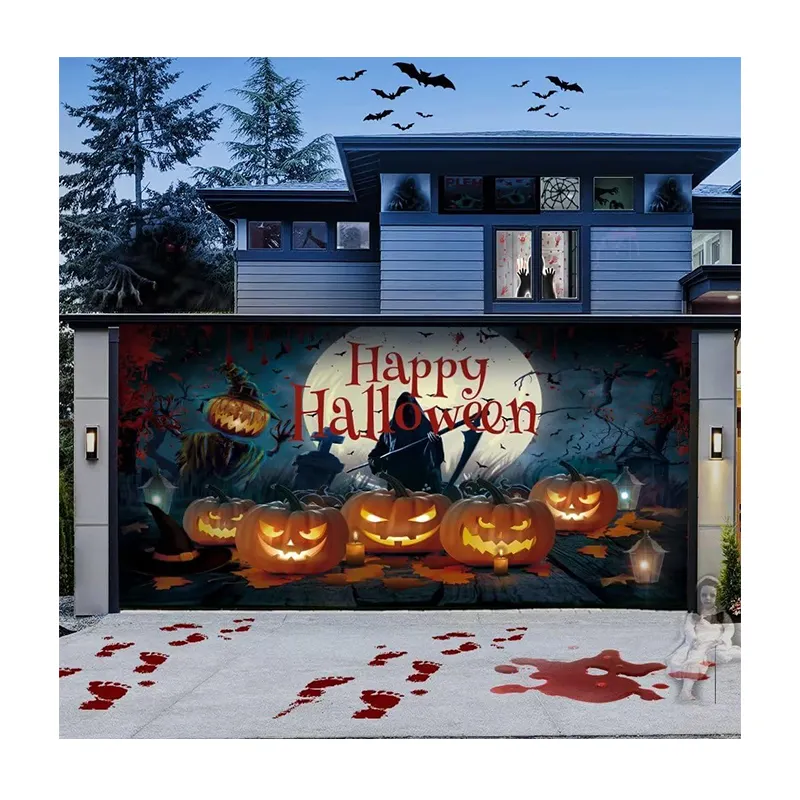 2023 produk baru selamat dekorasi liburan Halloween cetakan sublimasi dibuat sesuai pesanan Logo apa pun penutup spanduk pintu garasi