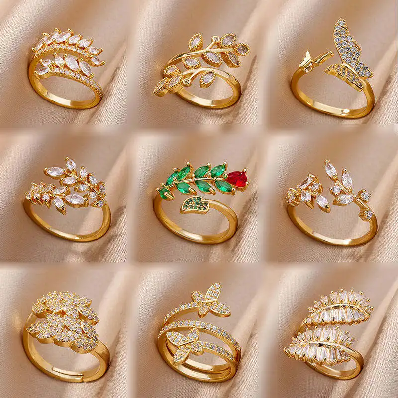 2023 fabricante de joyería de moda ajustable chapado en oro circón abierto mariposa anillo de dedo mujeres brillante Cz hoja flor anillos mujeres
