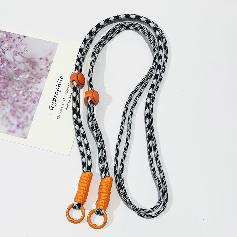 Cordon long réglable-noeud orange treillis noir et blanc