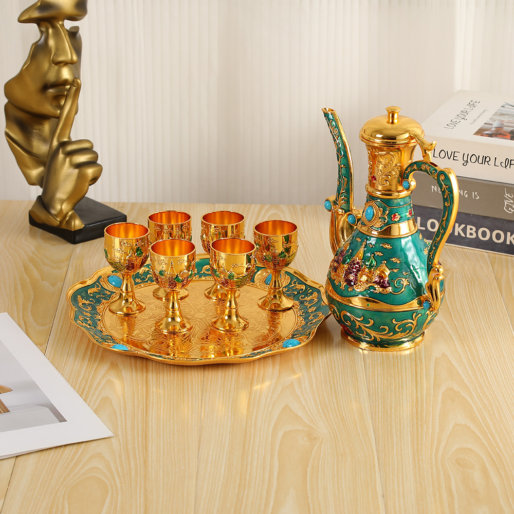 (Golden Green) Spiral Flower High Plate Wine Set