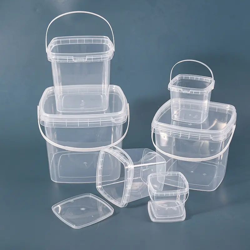 Plastik kapaklı konteyner gıda saklama kabı kare plastik kovalar saplı yeniden kullanılabilir plastik gıda saklama kapları