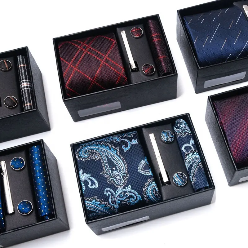Toptan klasik hediye kutusu ambalaj lüks klip kol düğmesi mendil kravat seti aksesuarları özel jakarlı kravatlar erkekler için
