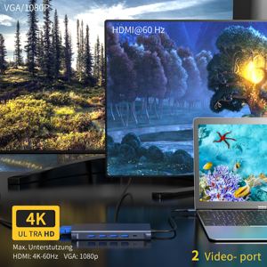 Custom 12 13 14 in 1 Type C Hub Docking Station with Dual HD HDTV SD TF USB 3.1 USB-C 10GB PD 100W RJ45 3.5mm Audio for <strong>Computer</strong>