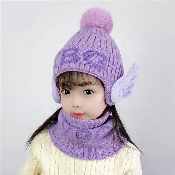 Inverno bambini maglia Slouchy Beanie belle ali cappello sciarpe al collo per ragazzi ragazze bambini lana lavorata a maglia Pom pelliccia berretti con teschio