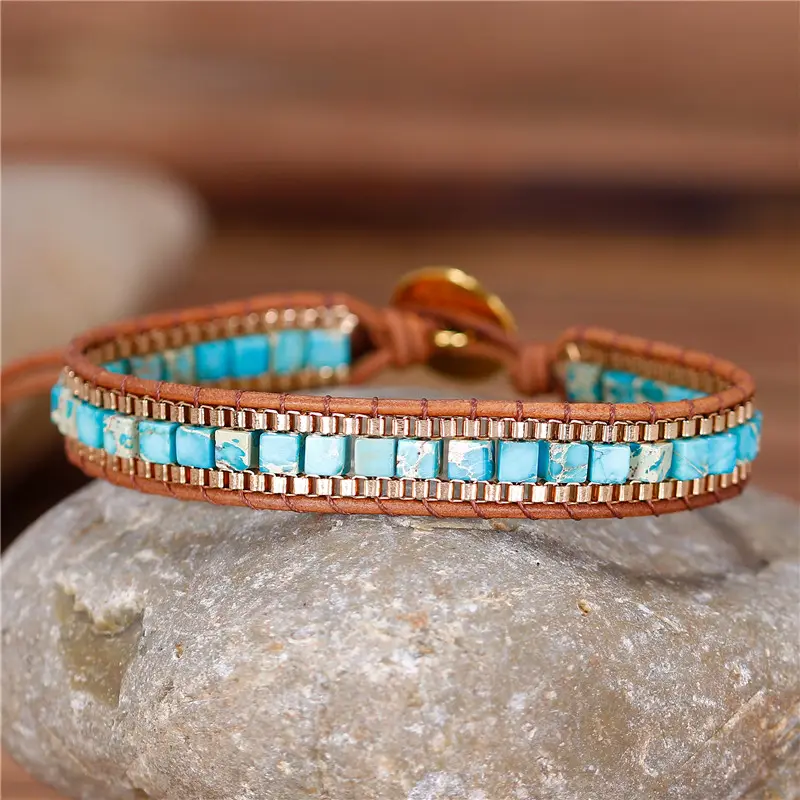Jingyuetong — Bracelet en pierre naturelle, Bracelet enveloppant en cuir, perle carrée, jaspe, chaîne manchette, bohème, bijoux, vente en gros, livraison directe