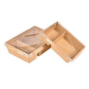 定制标志印刷一次性牛皮纸食品容器带宠物盖矩形沙拉盒带2室分隔室 - Product Image 6