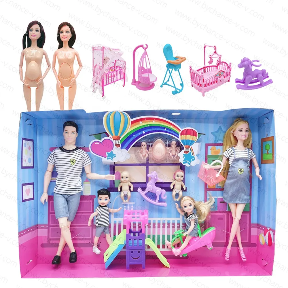 Hotsale beliebtes Spielzeug für Mädchen Familie Vater Mutter Tochter Sohn Neugeborene Baby Action figur Puppen mit Möbeln gesetzt