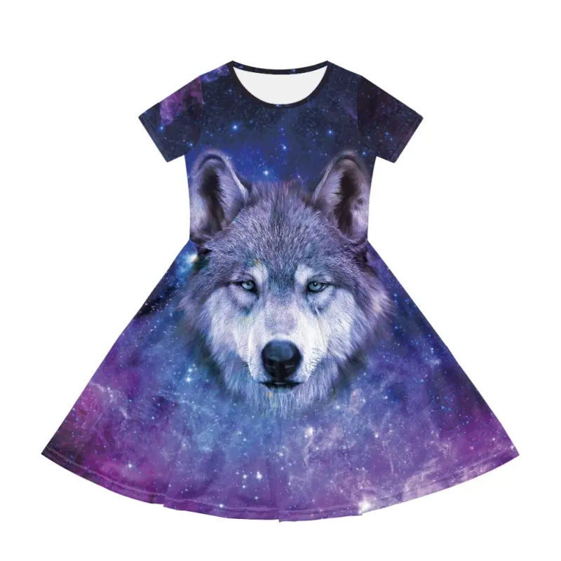 Vestido de manga corta para niñas pequeñas, diseño de animales de lobo estrella, vestidos casuales diarios, lindo dulce vestido de verano por encima de la rodilla, ropa para niños