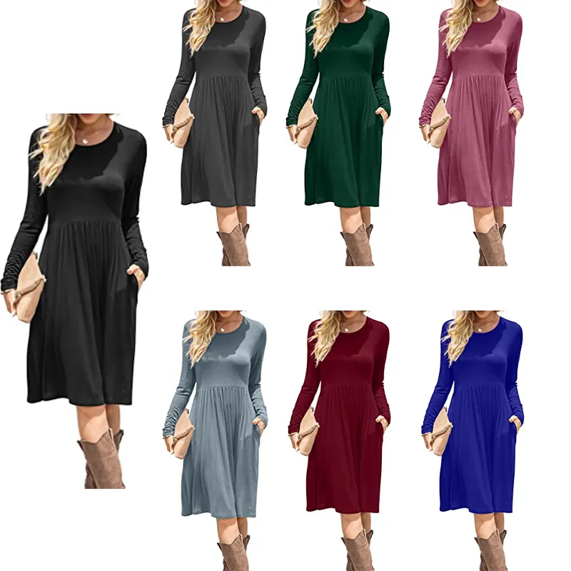 Nouvelle robe automne hiver femmes décontracté solide col rond à manches longues robe taille haute lâche longueur genou robe avec poches