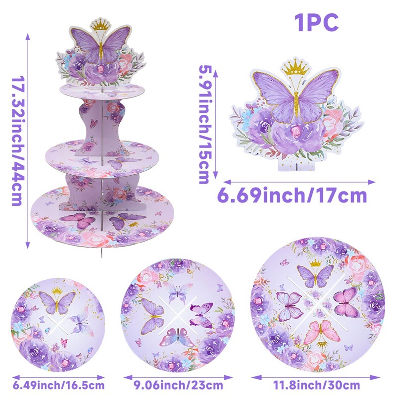 BLANC-présentoir à gâteau papillon violet-1 set
