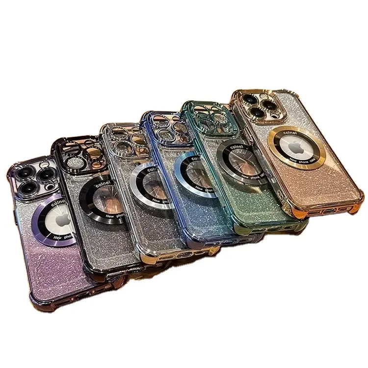 Luxe Plating Gradiënt Glitter Voor Draadloze Magnetische Opladen Schokbestendige Hoek Telefoon Case Voor Iphone 13 14 15 Pro Max