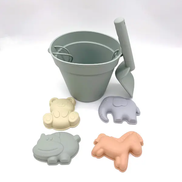 Brinquedos de praia de silicone, brinquedos de praia do bebê moderno, balde de silicone, pá, 4 moldes de areia