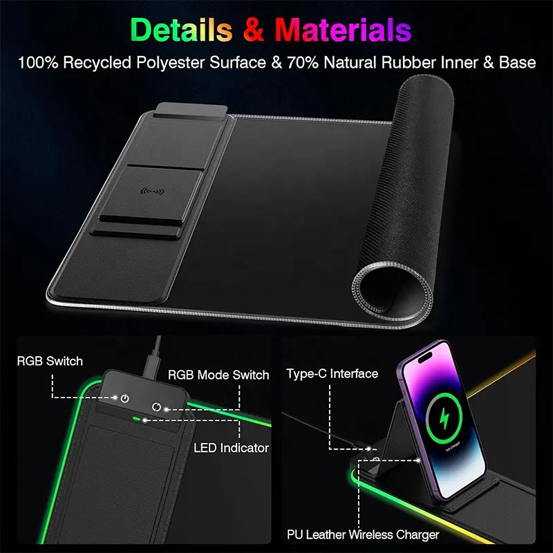 Wireless Charging Mobile Phone 10W Cartoon RGB Rest Wrist Pad Gaming Mouse Pad Custom Ergonomic Mouse Pad Support for Office Hom