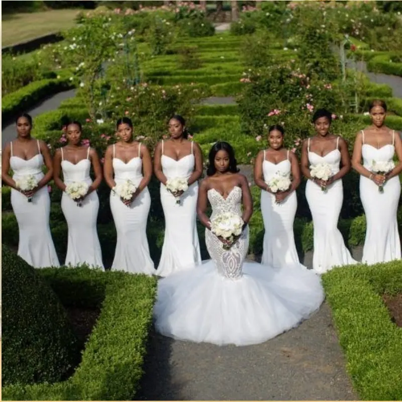 Mumuleo zarif beyaz düğün konuk elbiseler seksi spagetti saten nedime elbiseler ucuz toptan uzun nedime elbisesi