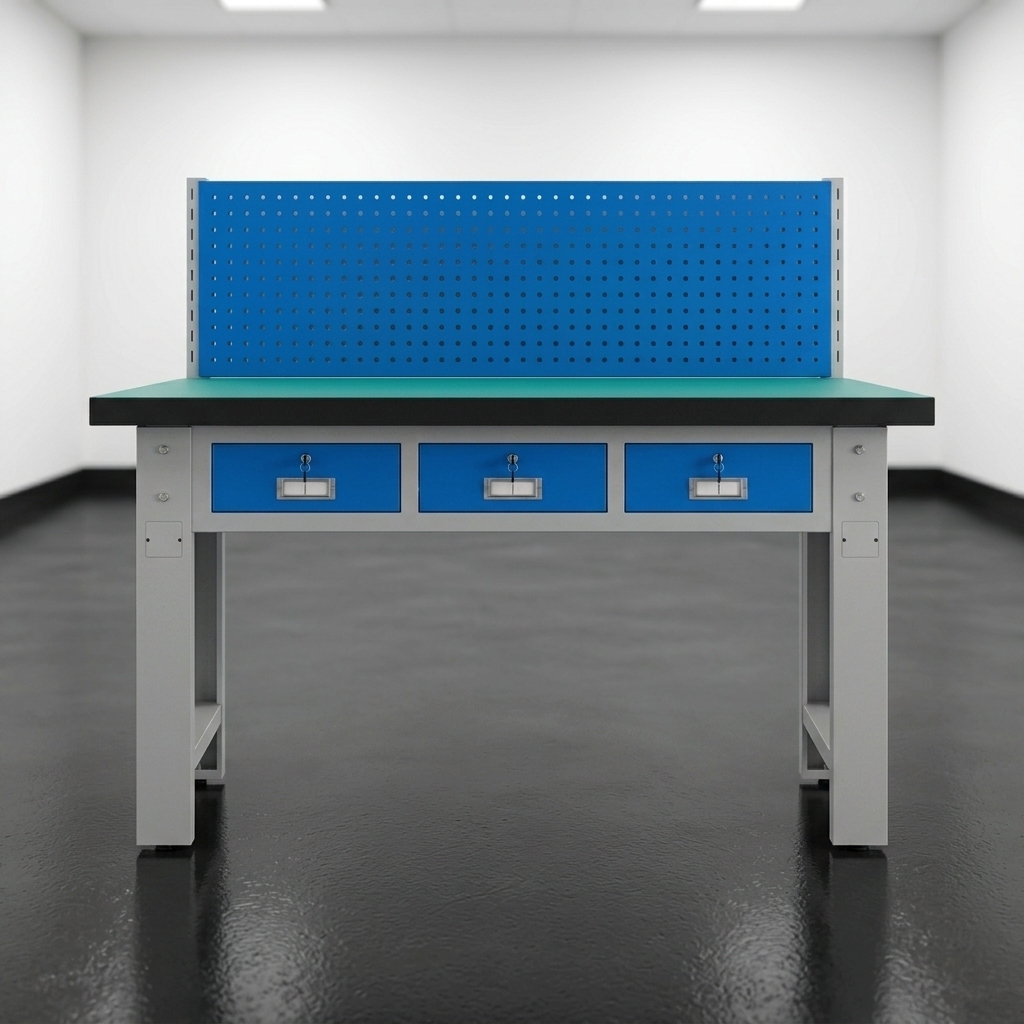 Mesa de trabajo antiestática ESD con panel perforado y 3 cajones