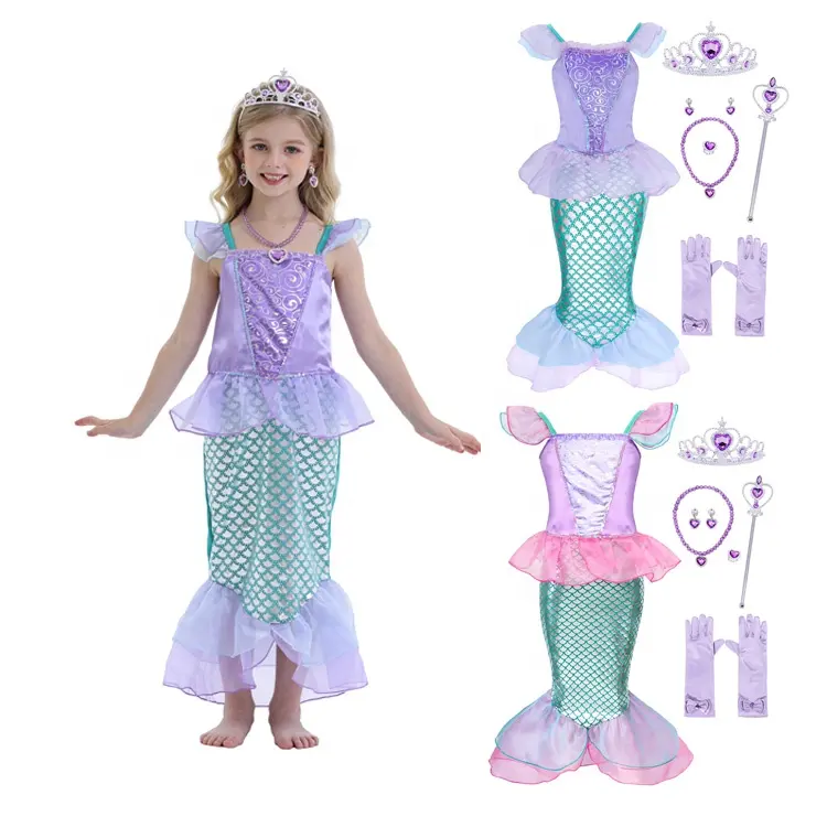 Cosplay Jurken Zomer Meisje Roze Kinderen Jurk Met Ruches Zeemeermin + 6 Accessoires Prinses Feestjurk