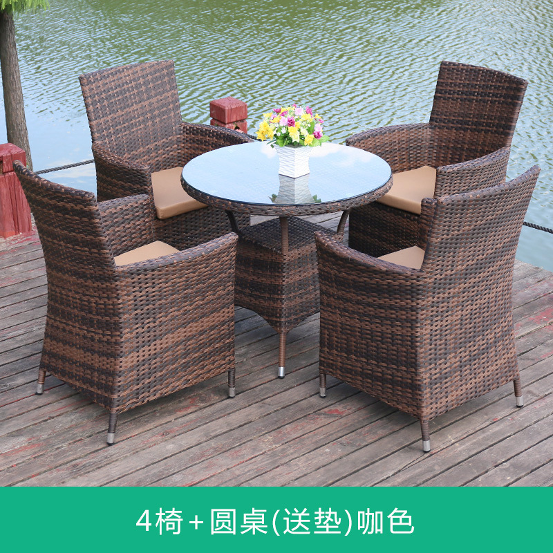 4 chair + 80x80cm round table with cushion-coffee color