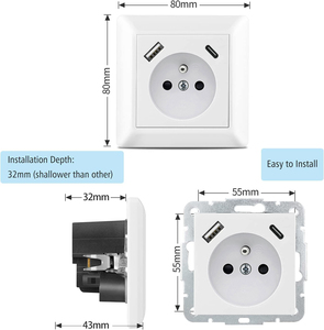 工厂批发价定制欧盟德国标准Schuko 250V 16A壁式插座USB A USB C型5V 3.4A快速充电