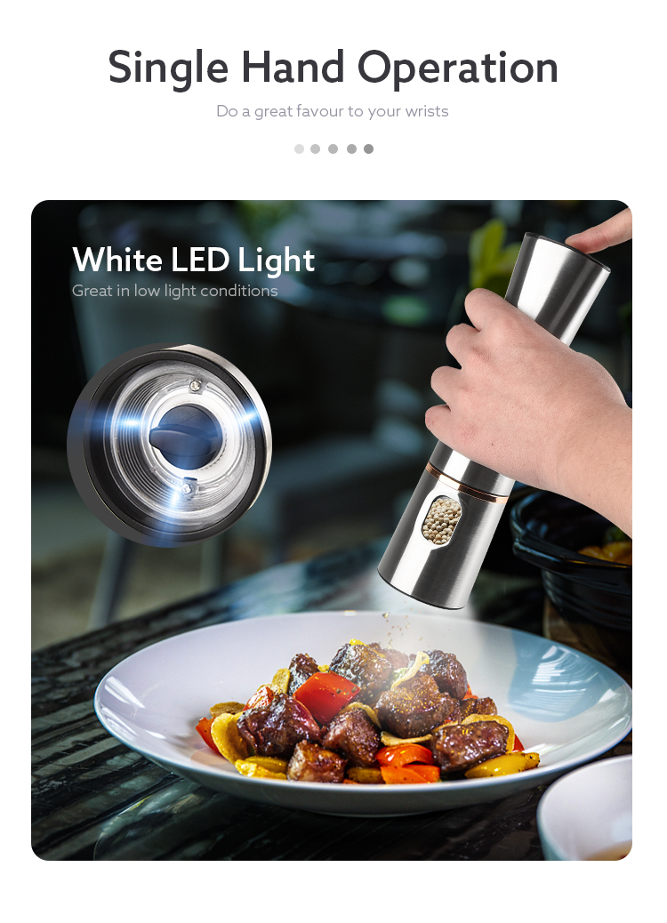 Round salt grinder electric, Good Quality customized stainless steel pepper grind with led