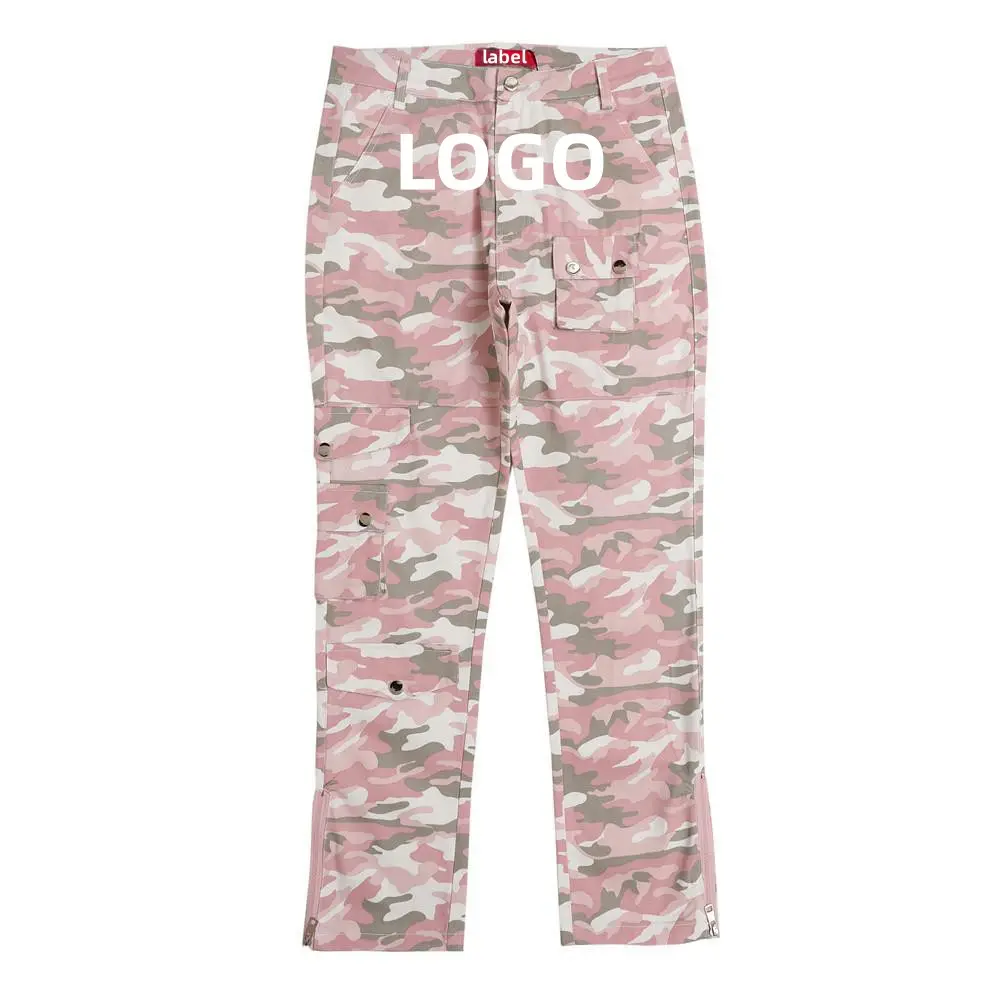 Pembe Camo kalın 100% pamuk fermuar bölünmüş alt flare pantolon kadınlar seksi pantolon kamuflaj pantolon pantolon