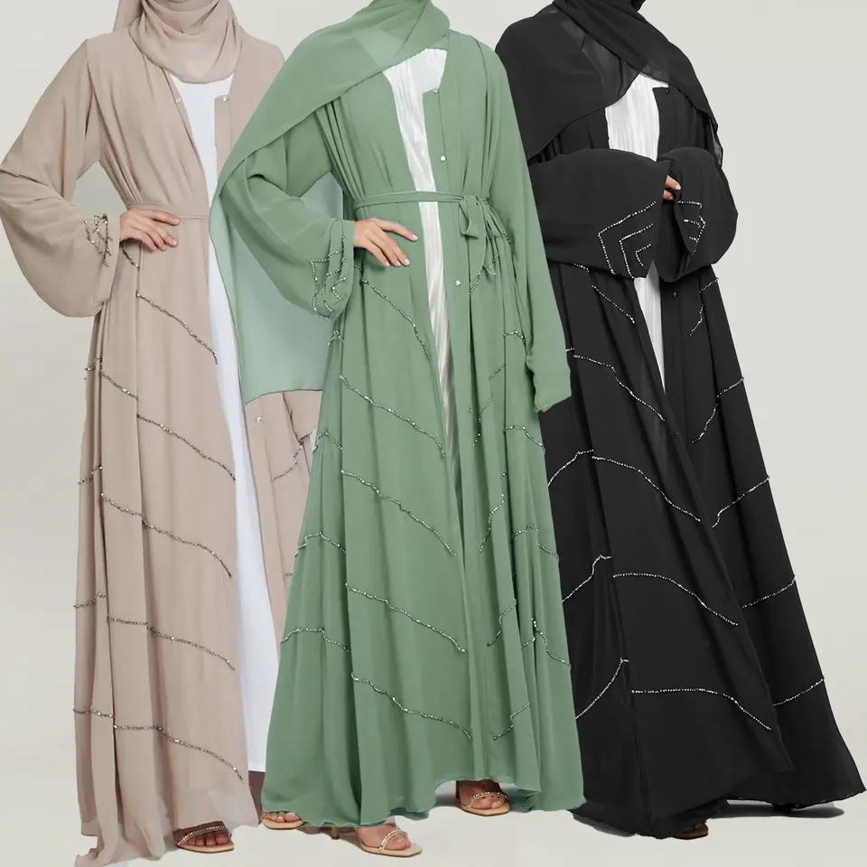 Commercio all'ingrosso turchia modesto Dubai EID Robe vendita Abaya Online tinta unita lusso Abaya donne abito musulmano diamante aperto Abaya