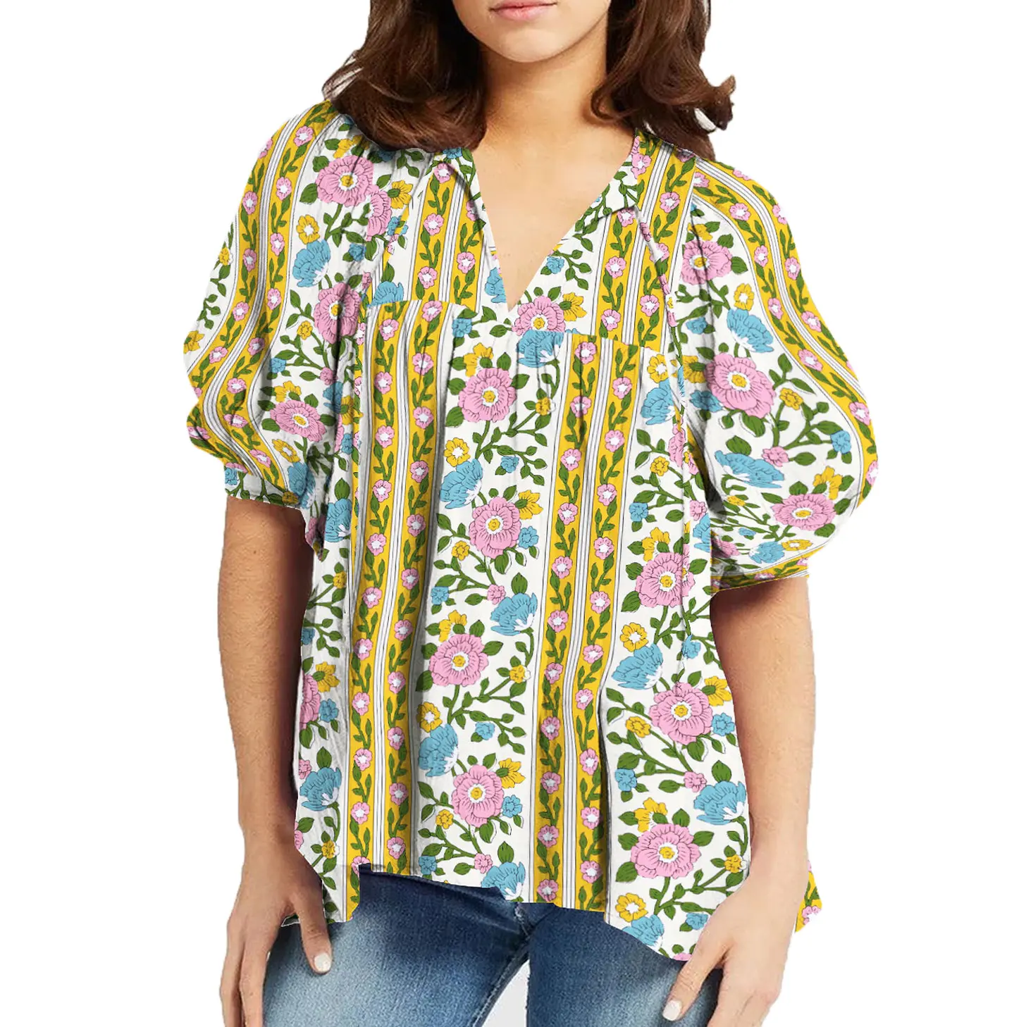 Directo de fábrica Diseños personalizados Camisas estampadas para mujer Tops transpirables de moda Blusas elegantes con cuello en V