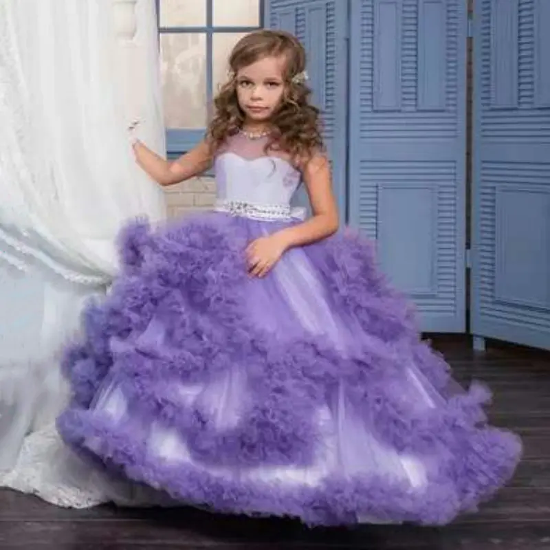 2023 High Quality Lace Color Matching Sleeveless Kids Girl Mopping Party Dress Purple Costume Wedding Dress for Girls