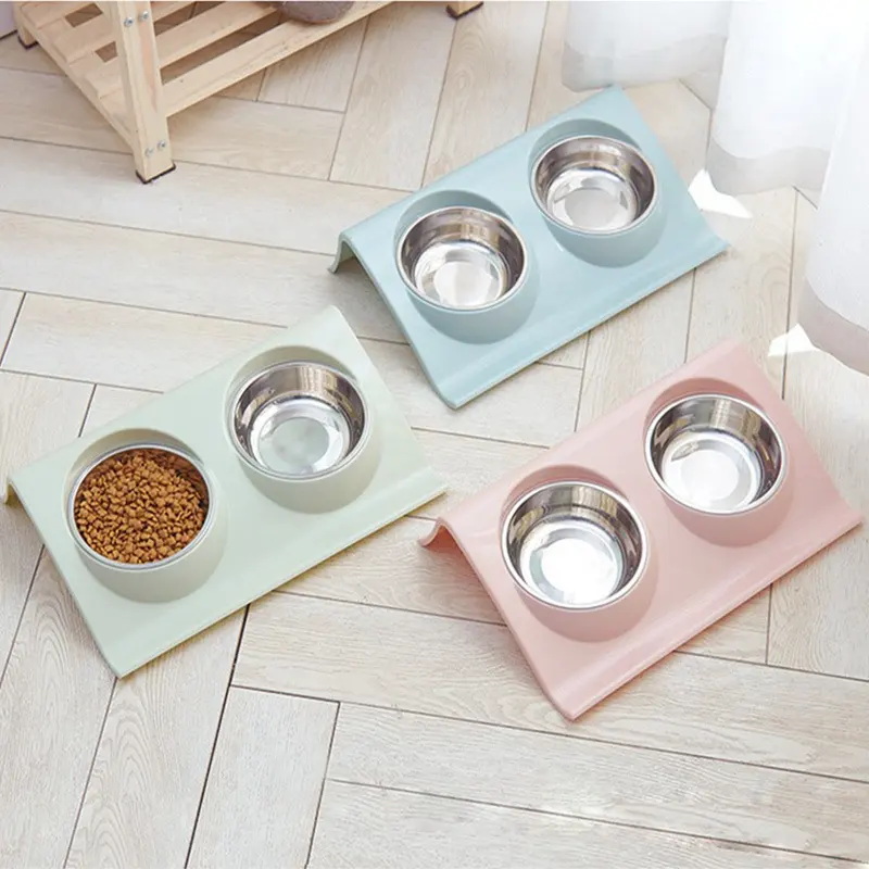 High Quality Pet Supplies Easy Clean Plastic Cat Bowl Stainless Steel Pet Feeding Double Bowls For Dogs
