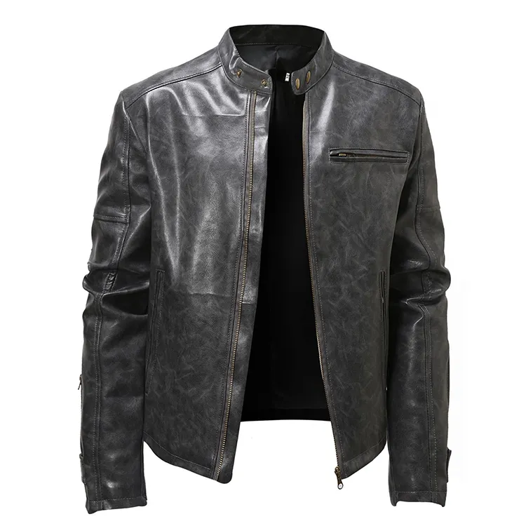 Chaqueta de cuero de motocicleta Vintage para hombre europeo y americano, chaqueta de cuero punk con cuello levantado para jóvenes, venta al por mayor de China