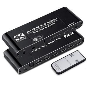 4K @ 60Hz 2x4 <span class=keywords><strong>HDMI</strong></span> 2.0开关分离器<span class=keywords><strong>SPDIF</strong></span>音频3.5毫米 & 缩放器2进4出与IR远程支持4K 3D HDMI2.0 HDCP2.2