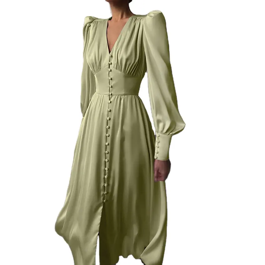 Robe de soirée fendue en Satin vert menthe, Sexy, col en V profond, manches longues, vente en gros