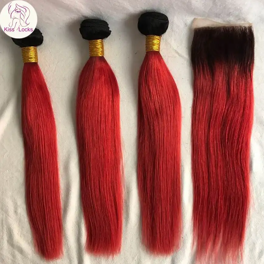 99j ombre due toni Brasiliano lisci capelli weave 100% capelli umani Fasci di Spessore corrispondenza chiusure