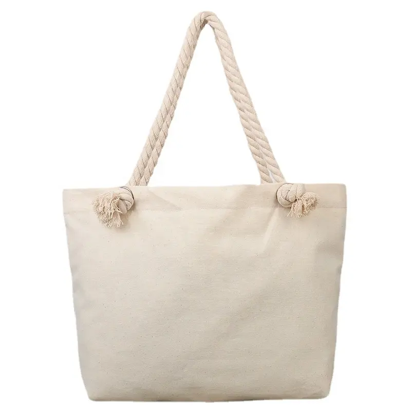 Borsa tote in tela di cotone con manico in corda borsa da spiaggia per lo shopping borse a tracolla in tela con logo stampato personalizzato