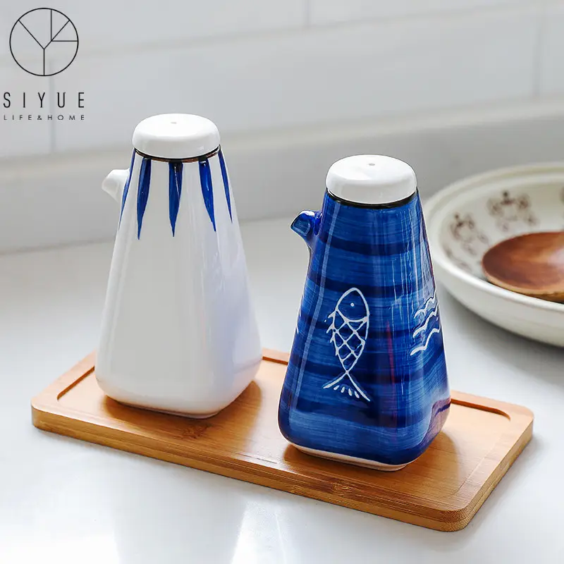 Frascos de cerámica japoneses para aceite de cocina y vinagre, botellas organizadoras de condimentos, conjunto de tarros para especias y condimentos con cuchara