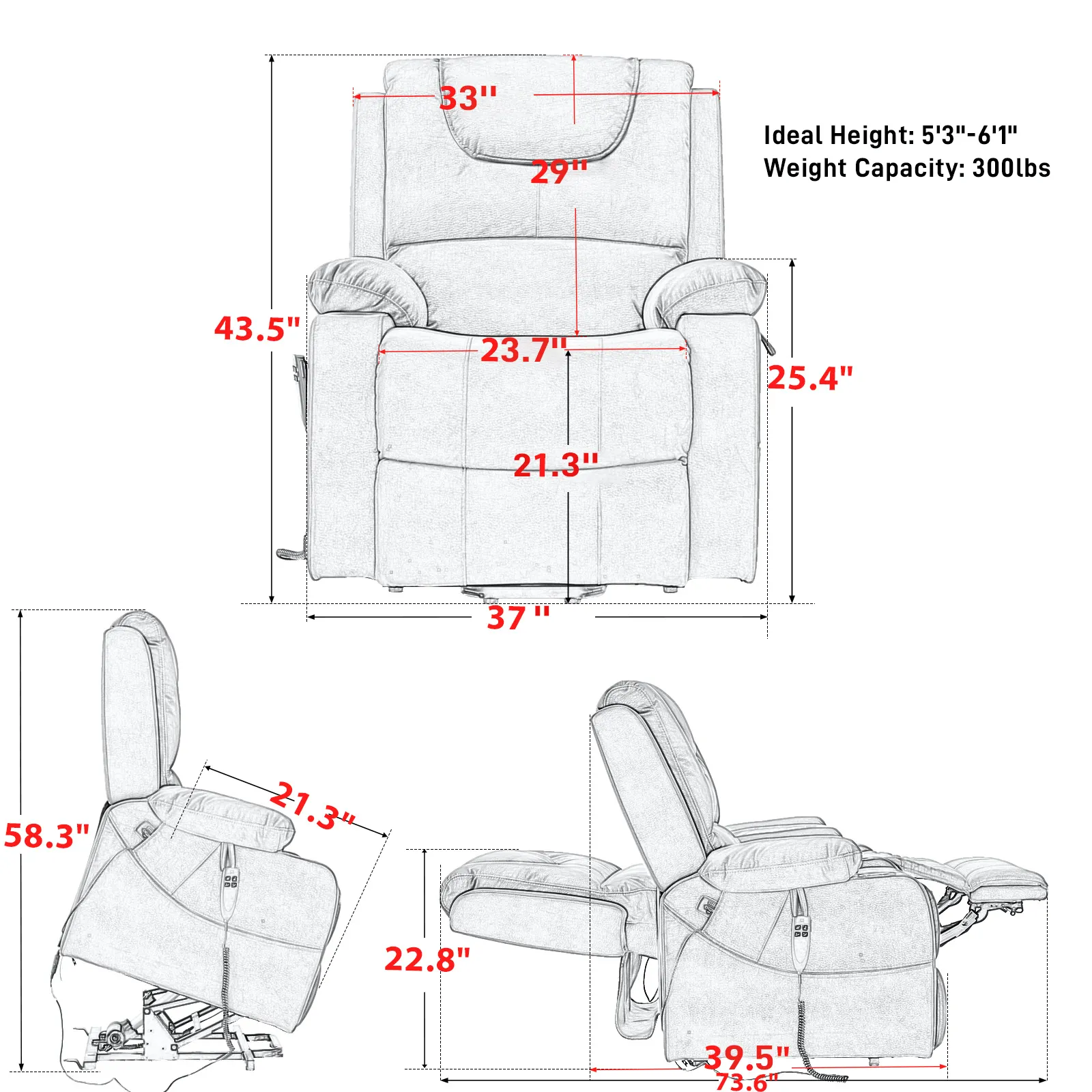 CJSmart Cadeira reclinável para idosos, elevador elétrico doméstico, com motor duplo plano, posição infinita e massagem térmica, cadeira reclinável