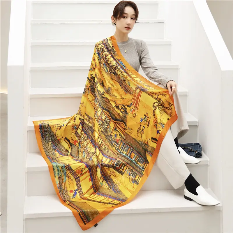 Style chinois Qingming rivière carte imprimé foulard en soie 110cm grand foulard carré rétro national dame foulard
